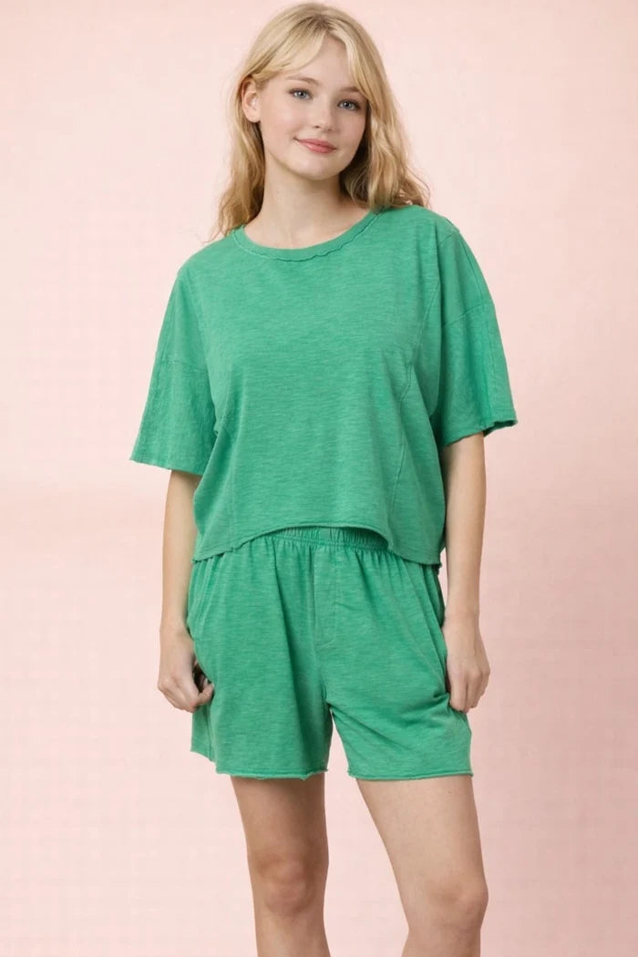 Mineral Washed Casual Knit Top & Short Set