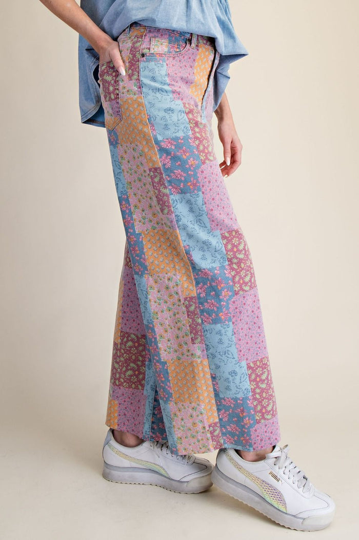 Patchwork Print Stretch Washed Twill Pants for Women
