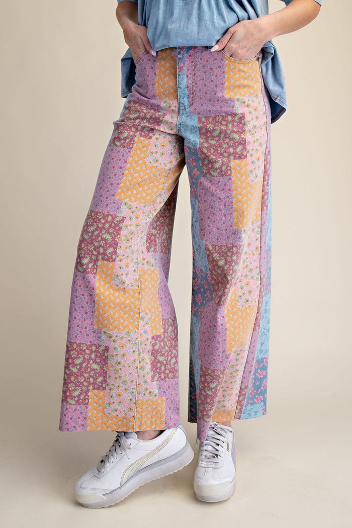 Patchwork Print Stretch Washed Twill Pants for Women