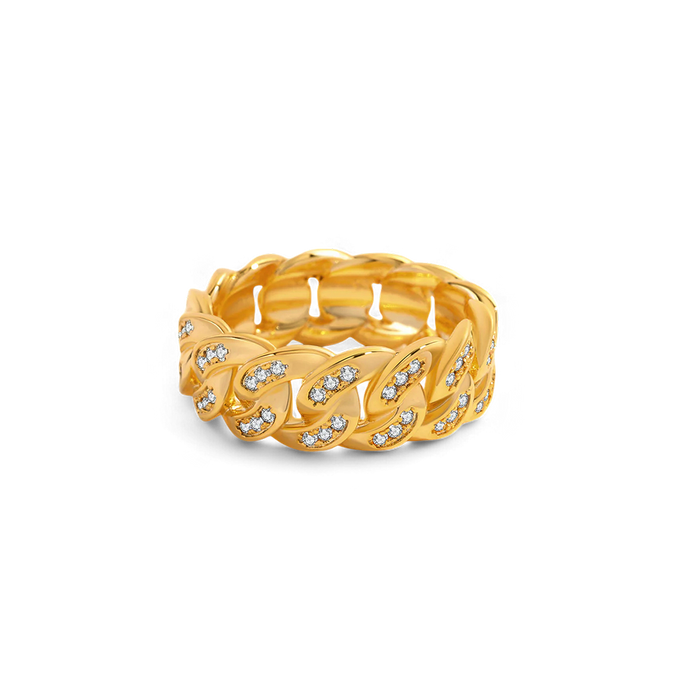 A gold-colored chain ring adorned with sparkling pavé stones.