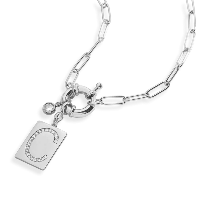 Pave Initial Pendant Necklace with Paperclip Chain