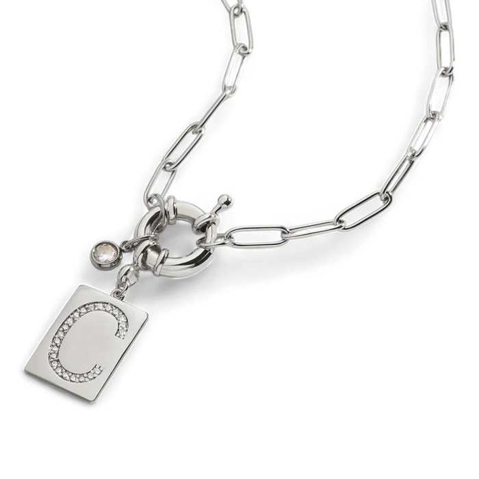 Pave Initial Pendant Necklace with Paperclip Chain