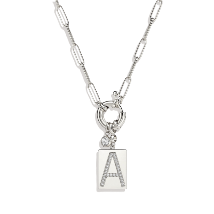 Pave Initial Pendant Necklace with Paperclip Chain
