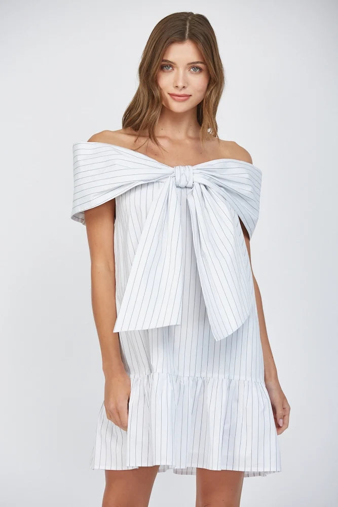 Pin Stripe Big Bow Front Off the Shoulder Mini Dress