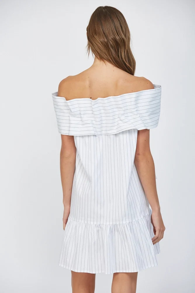 Pin Stripe Big Bow Front Off the Shoulder Mini Dress