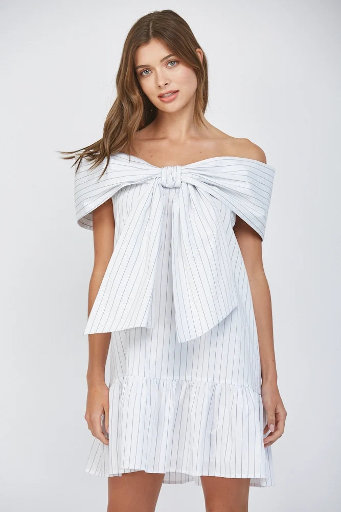 Pin Stripe Big Bow Front Off the Shoulder Mini Dress