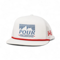 White cap with blue and red text and graphics on a white background