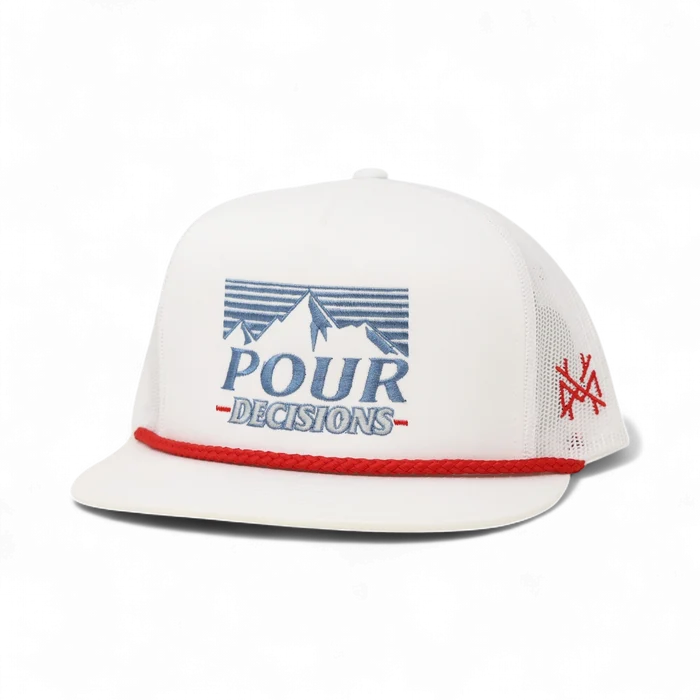 White cap with blue and red text and graphics on a white background