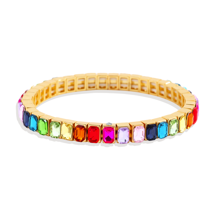 A colorful beaded bracelet with a stretchy band, featuring a variety of baguette gemstone beads.
