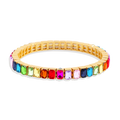 A colorful beaded bracelet with a stretchy band, featuring a variety of baguette gemstone beads.