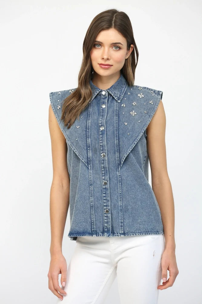 Rhinestone Structured Shoulder Denim Shirt for Women