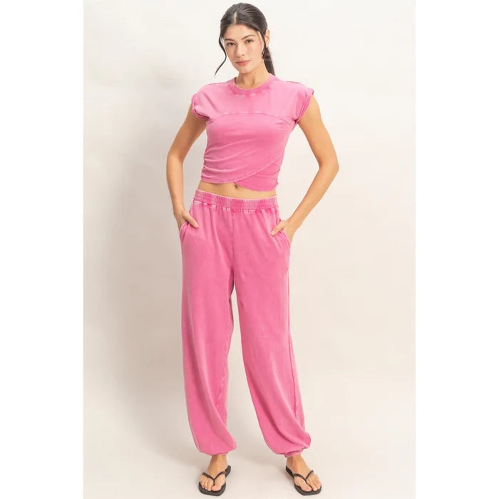 Rolled Sleeve Wrap-Front Crop Top and Jogger Set