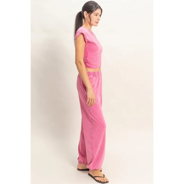 Rolled Sleeve Wrap-Front Crop Top and Jogger Set