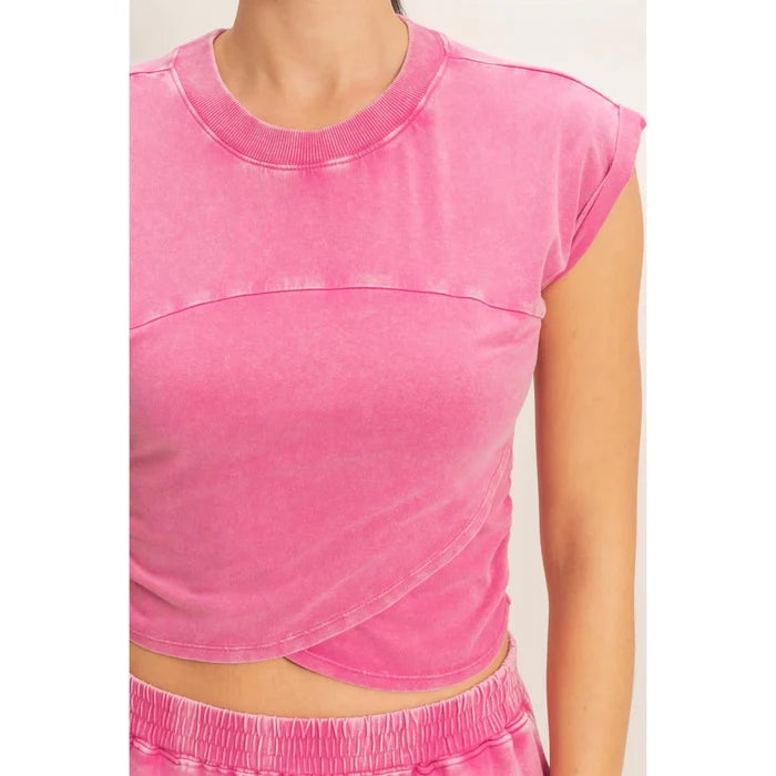 Rolled Sleeve Wrap-Front Crop Top and Jogger Set