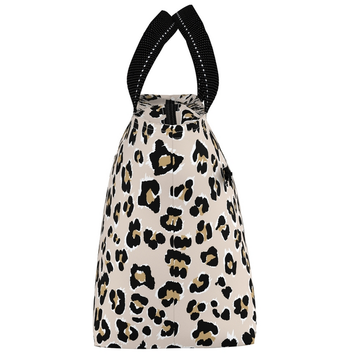 A drawstring bag featuring a beige, black, and brown leopard print pattern, with black woven shoulder straps.