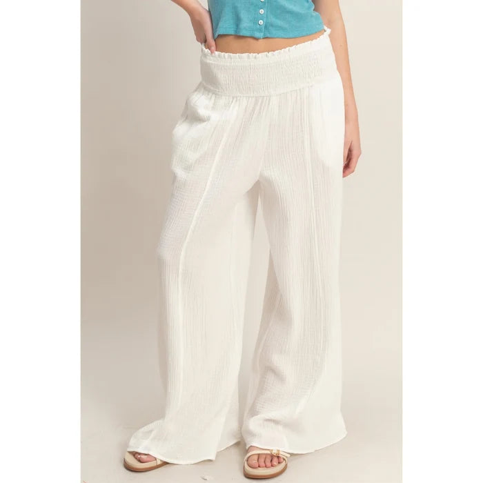 Smocked Waist Wide-Leg Pants