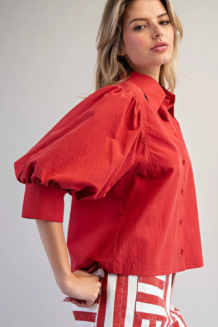 Solid Puff Sleeve Button Down Shirt