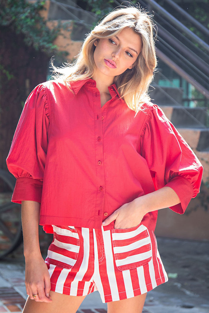 Solid Puff Sleeve Button Down Shirt