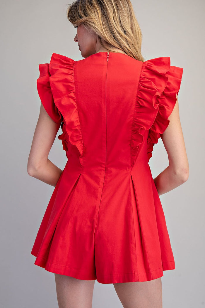 Solid Ruffled V-Neck Pleated Romper
