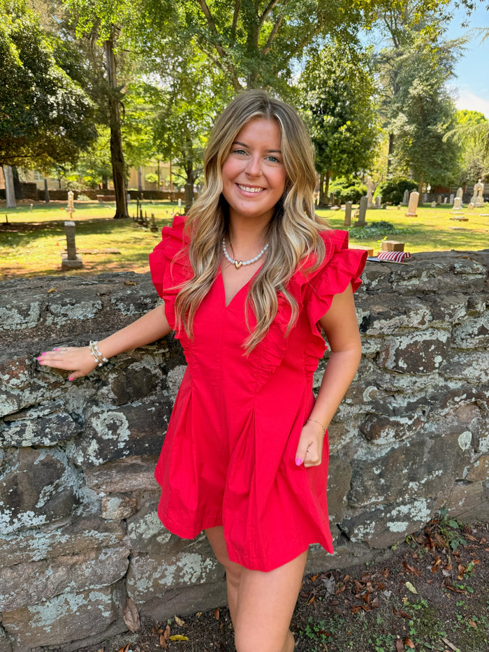 Solid Ruffled V-Neck Pleated Romper