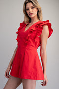 Solid Ruffled V-Neck Pleated Romper