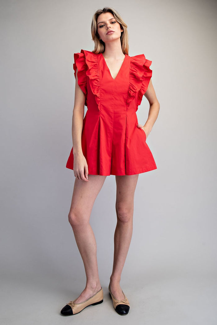 Solid Ruffled V-Neck Pleated Romper