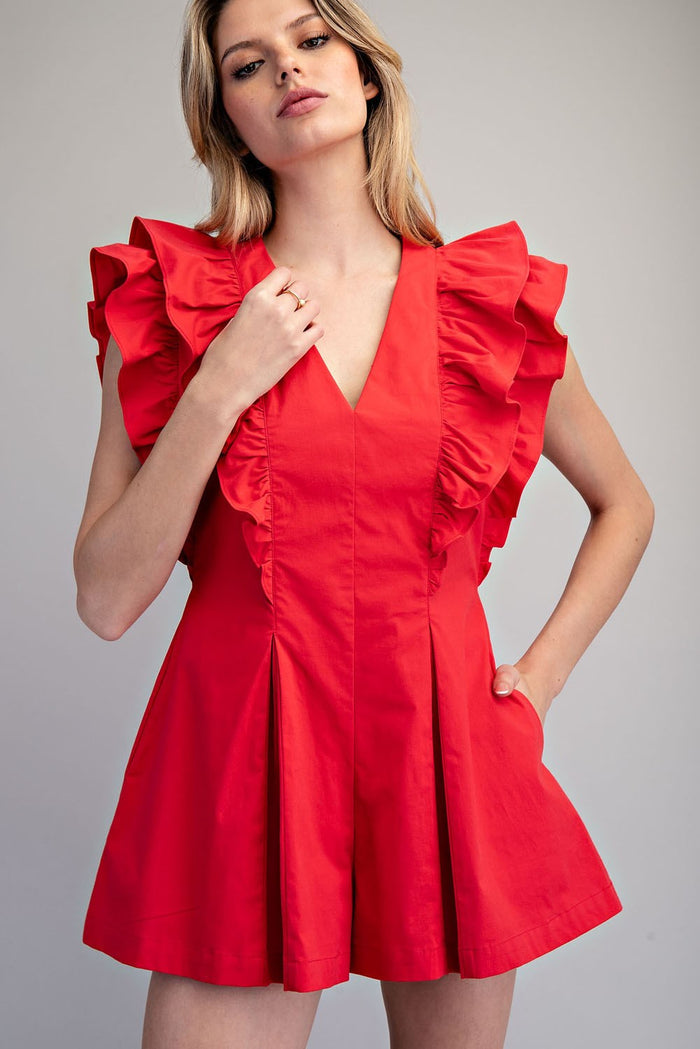 Solid Ruffled V-Neck Pleated Romper