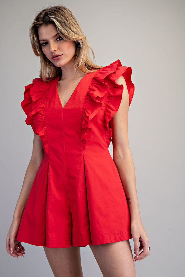 Solid Ruffled V-Neck Pleated Romper