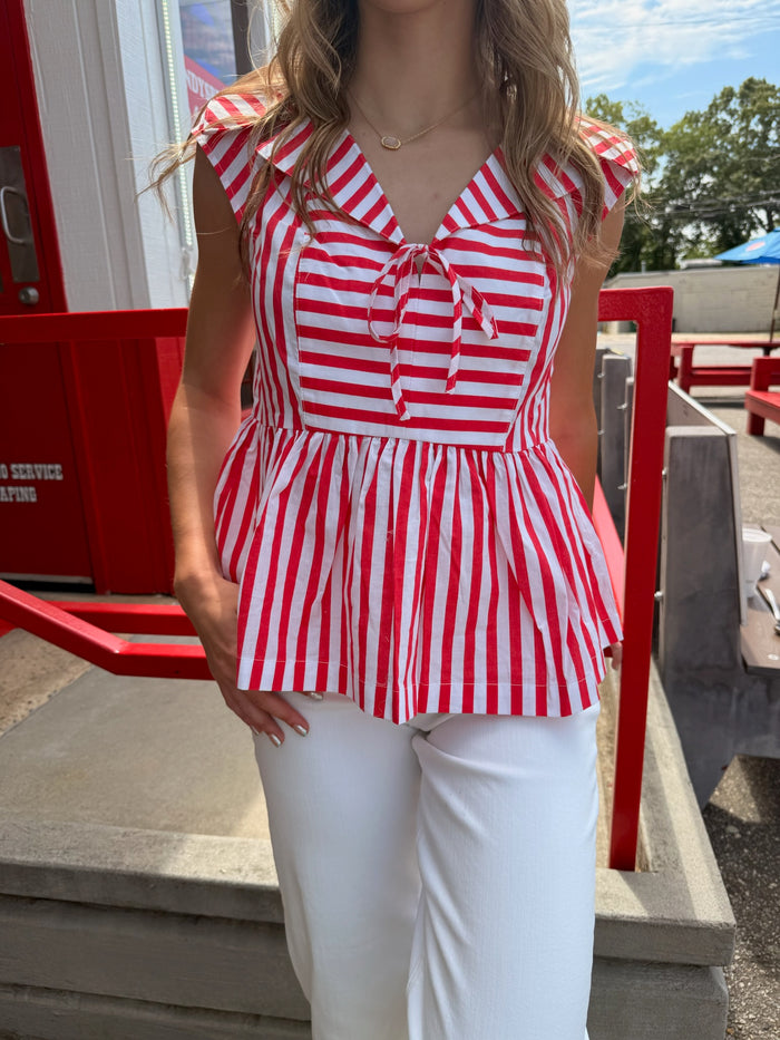Stripe Sailor Style Collar with Tie Neckline Blouse