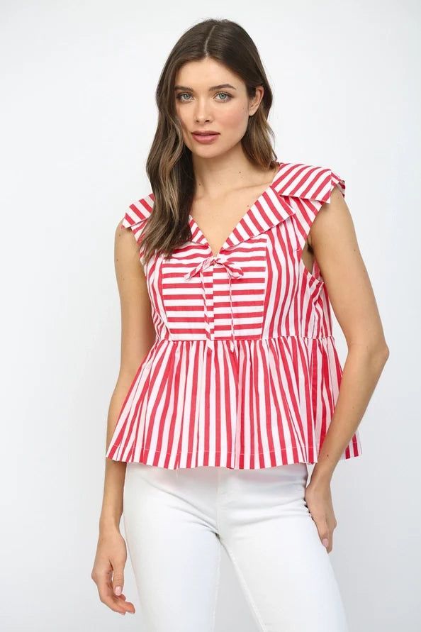 Stripe Sailor Style Collar with Tie Neckline Blouse