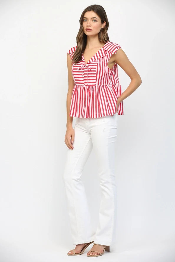 Stripe Sailor Style Collar with Tie Neckline Blouse