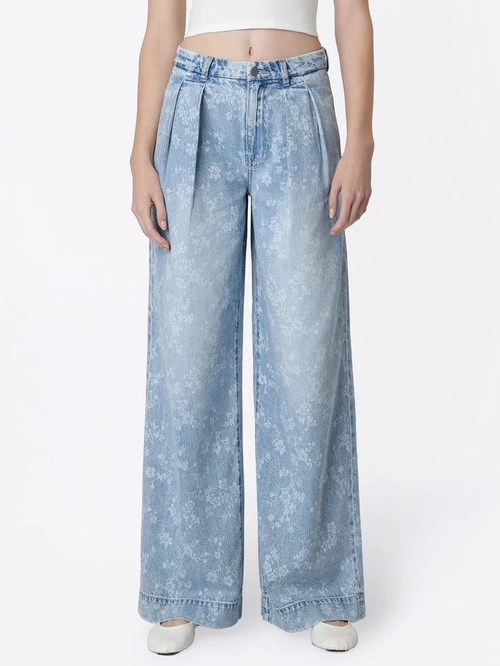 Super High Rise Floral Print Pleated Wide Leg Jeans