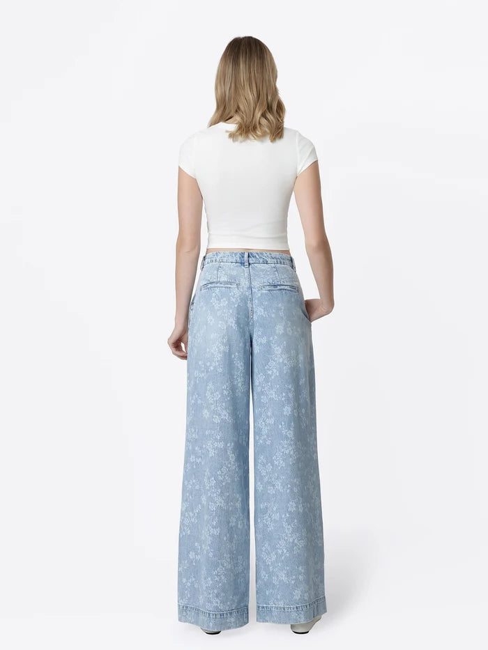 Super High Rise Floral Print Pleated Wide Leg Jeans