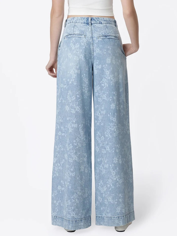 Super High Rise Floral Print Pleated Wide Leg Jeans