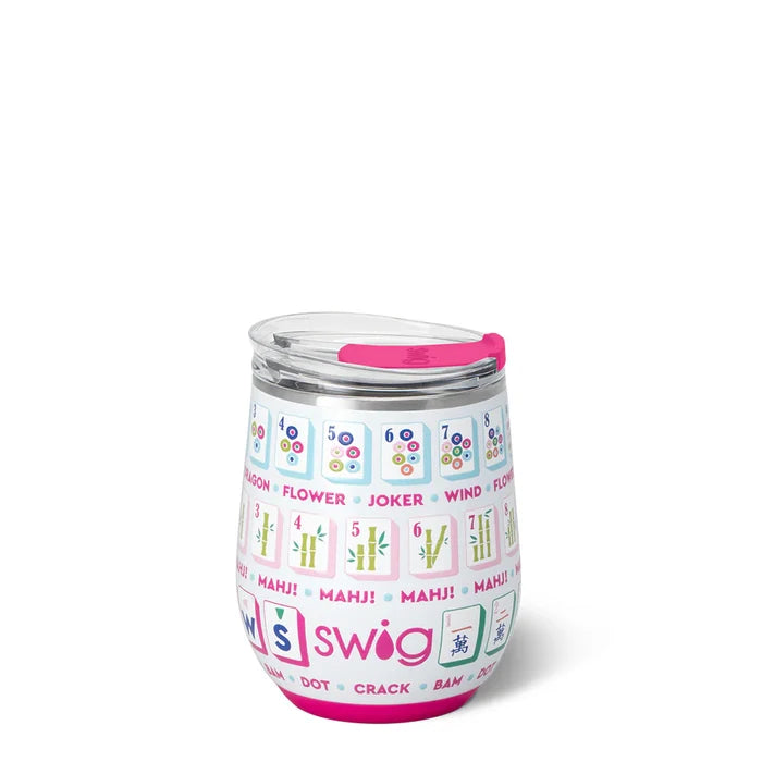 Wine tumbler with Mahjong design and Swig branding on a white background