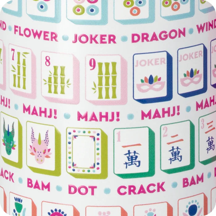 Pattern of colorful Mahjong tiles with text on a white background