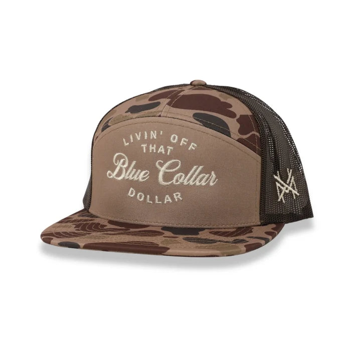 Camouflage trucker hat with text on a white background