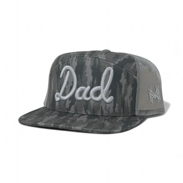 Gray camouflage cap with 'Dad' text on a white background