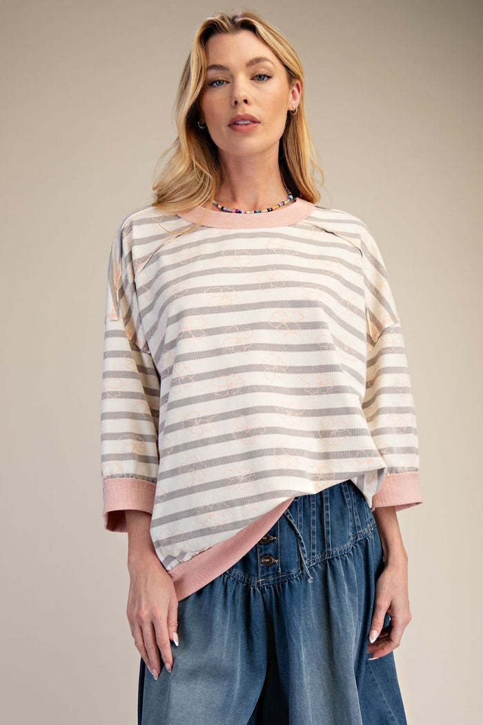 Three-Quarter Length Sleeves Striped Loose Fit Top for Women