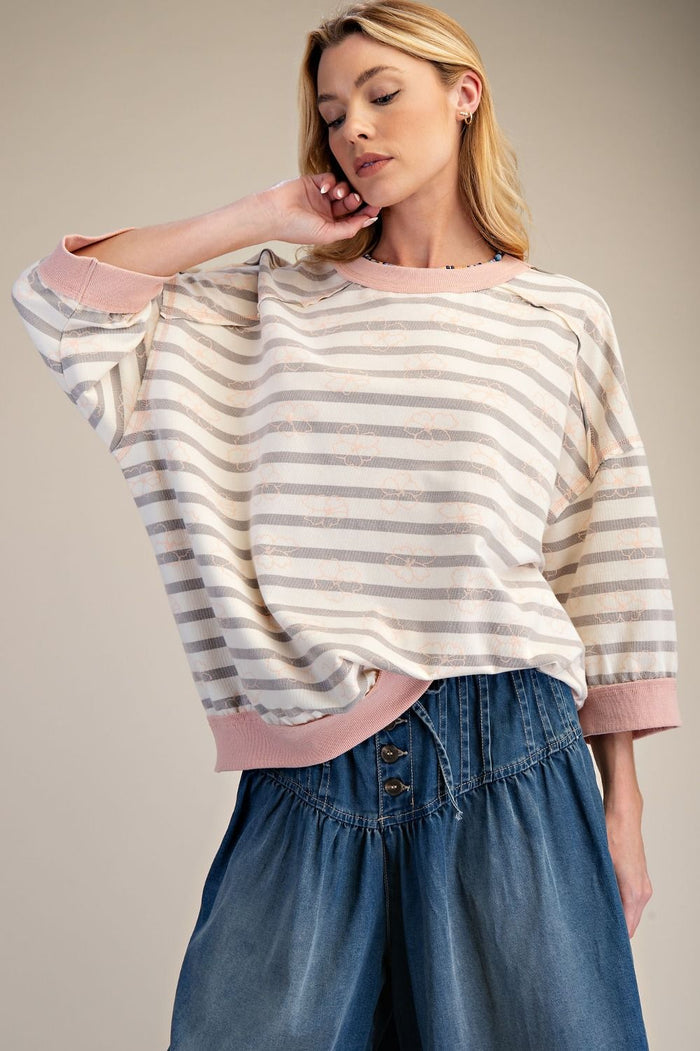Three-Quarter Length Sleeves Striped Loose Fit Top for Women