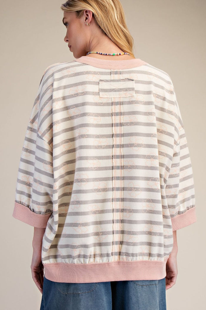 Three-Quarter Length Sleeves Striped Loose Fit Top for Women