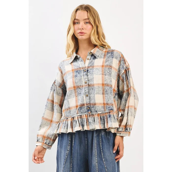 Washed Plaid Ruffle Hem Balloon Sleeve Shirt