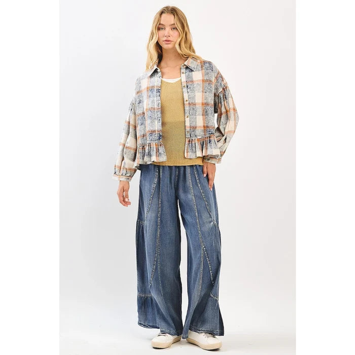 Washed Plaid Ruffle Hem Balloon Sleeve Shirt