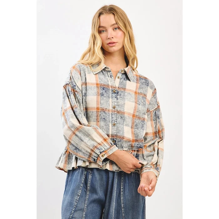 Washed Plaid Ruffle Hem Balloon Sleeve Shirt