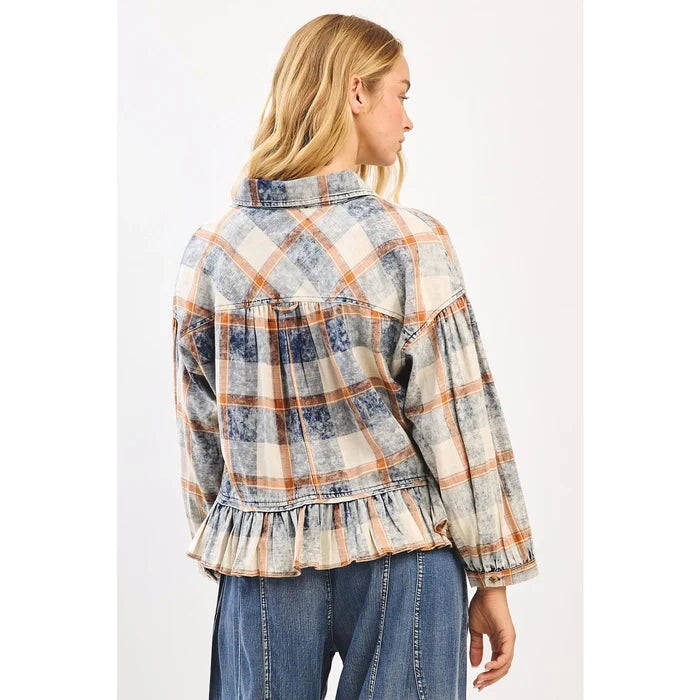 Washed Plaid Ruffle Hem Balloon Sleeve Shirt
