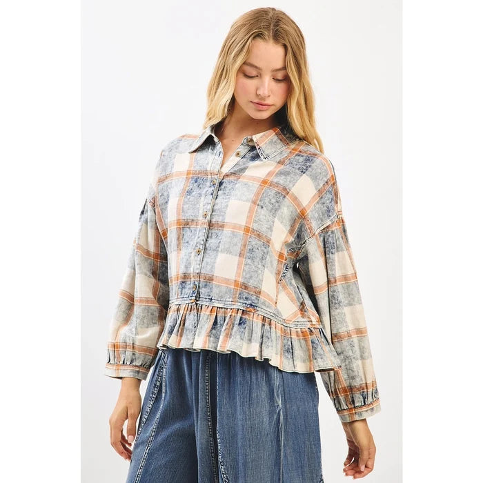 Washed Plaid Ruffle Hem Balloon Sleeve Shirt