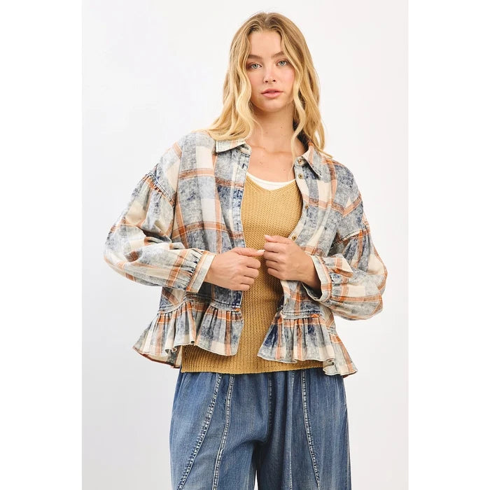 Washed Plaid Ruffle Hem Balloon Sleeve Shirt