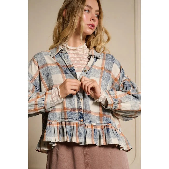 Washed Plaid Ruffle Hem Balloon Sleeve Shirt