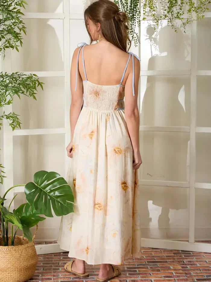 Watercolor Floral Spaghetti Tie Strap Midi Dress