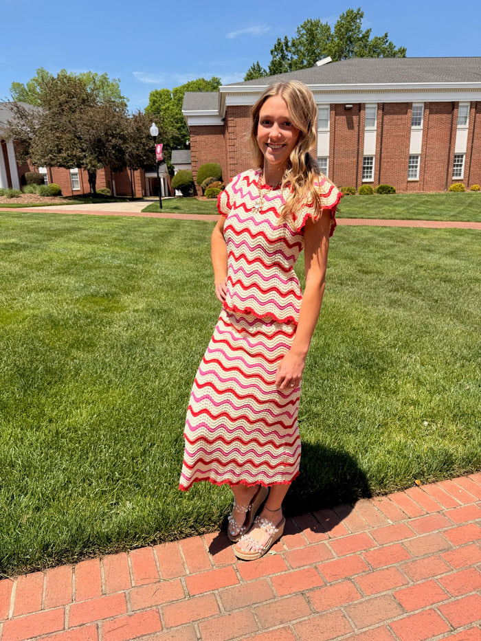 Wavy Chevron Pattern Open Knit Sweater Top & Skirt *Sold Separately